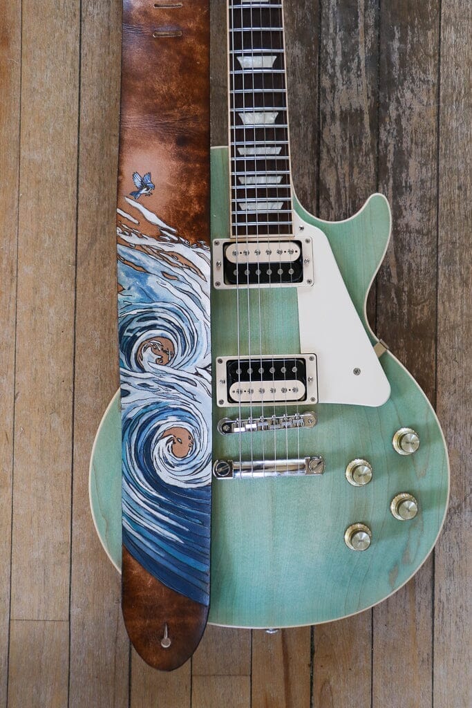 Bluebird riding the waves custom leather guitar strap