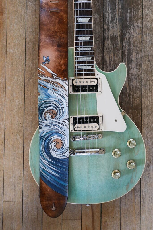 Bluebird riding the waves custom leather guitar strap
