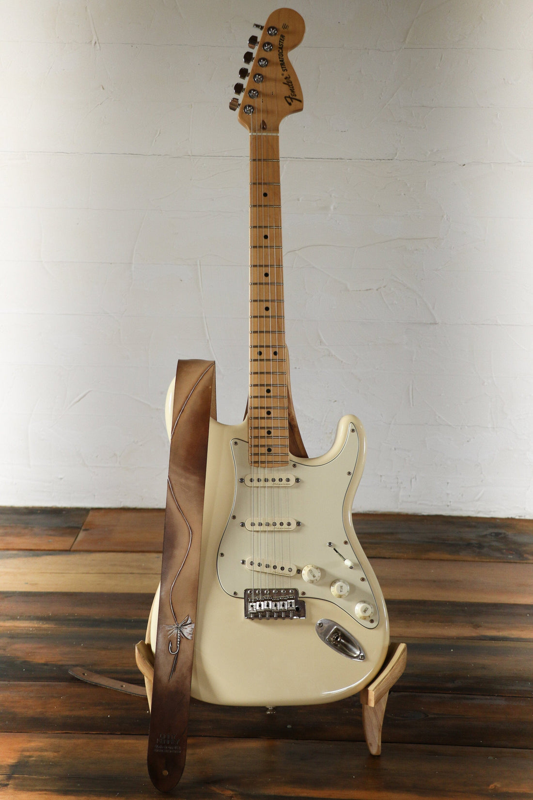 Italian leather guitar strap for the fly fisherman
